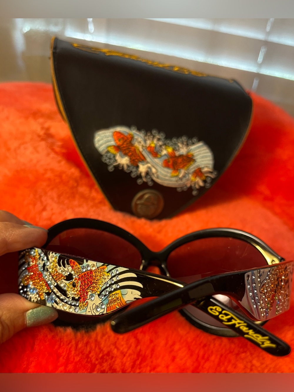 Ed Hardy Crystal Embellished Black Oversized Koi Women’s Sunglasses